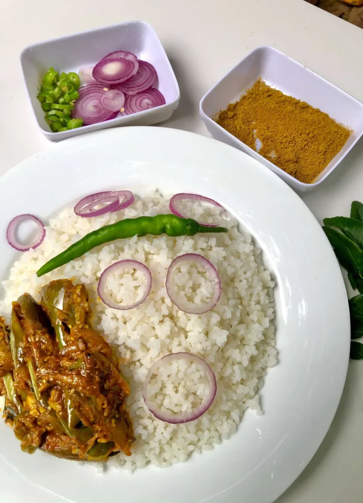 sri lankan eggplant curry with cooked rice